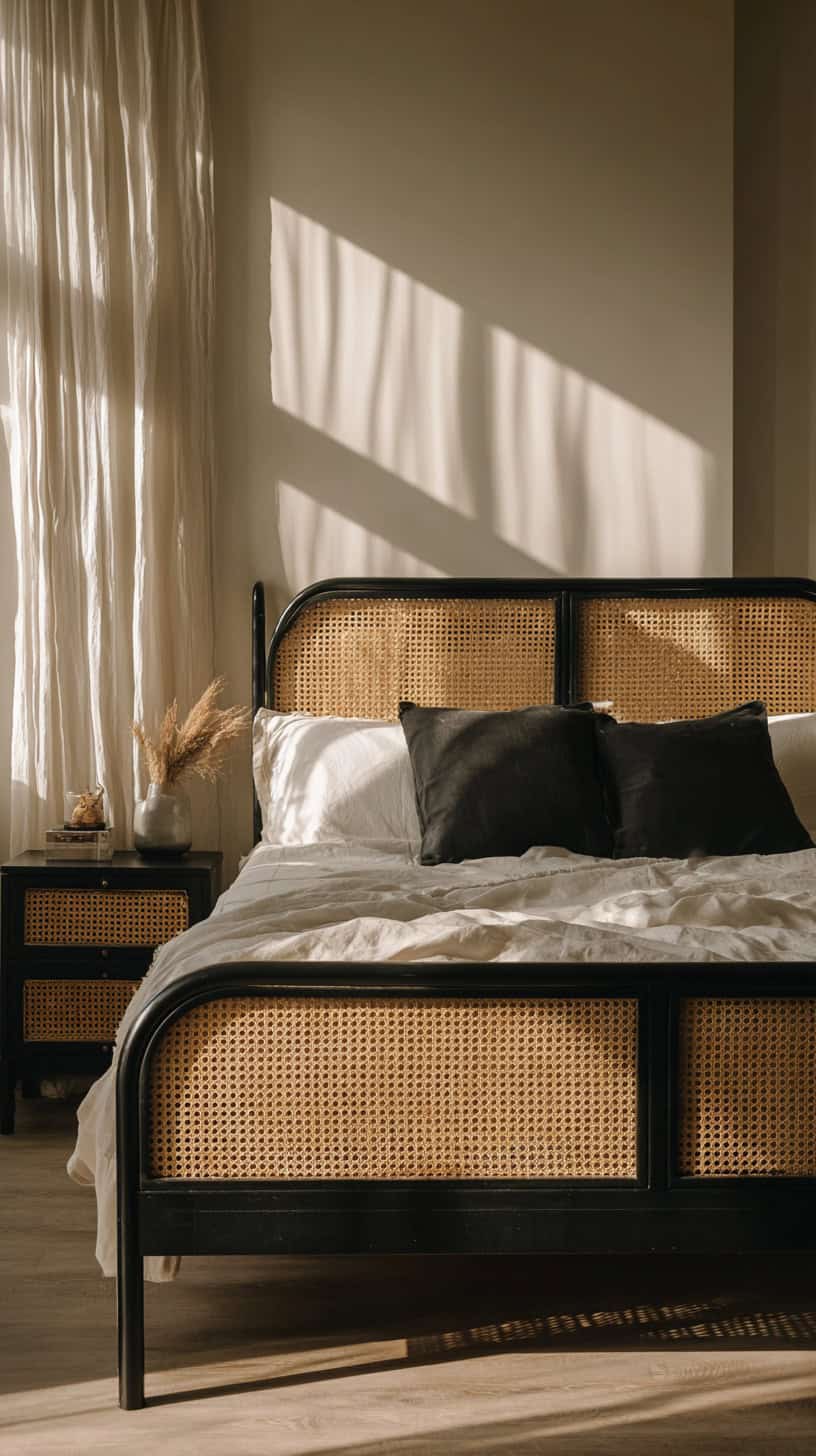Moody Black Meets Warm Rattan Bedrooms