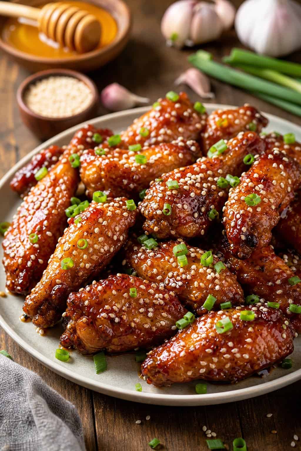 Sweet & Savory Honey-Garlic Wings with Toasted Sesame and Fresh Scallions