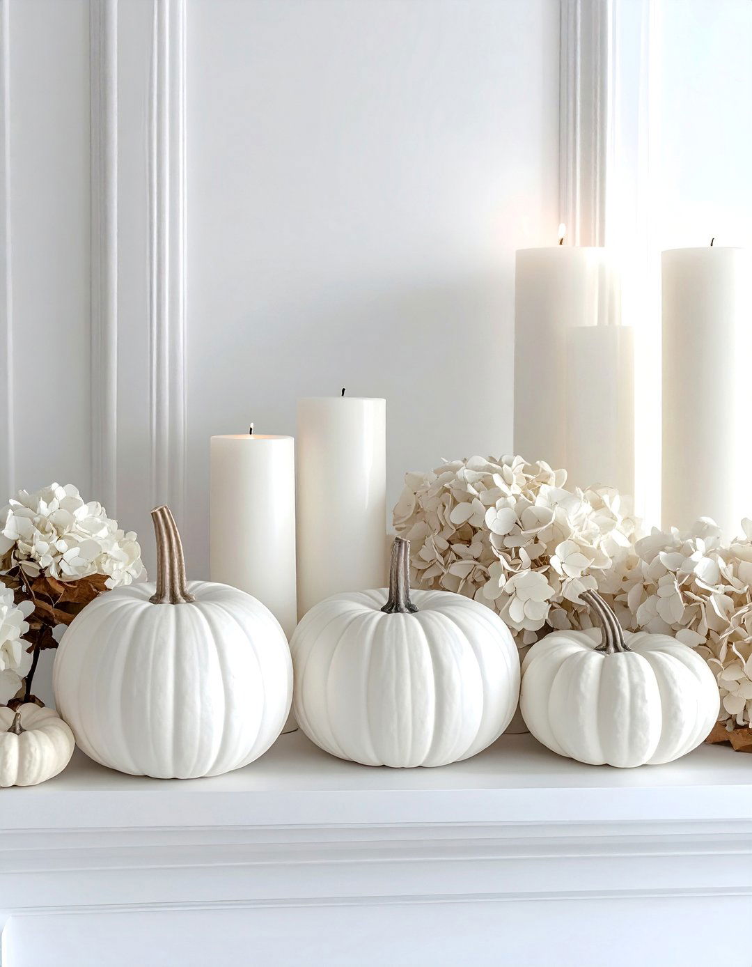Elegant White Pumpkin Arrangements for Your Mantel