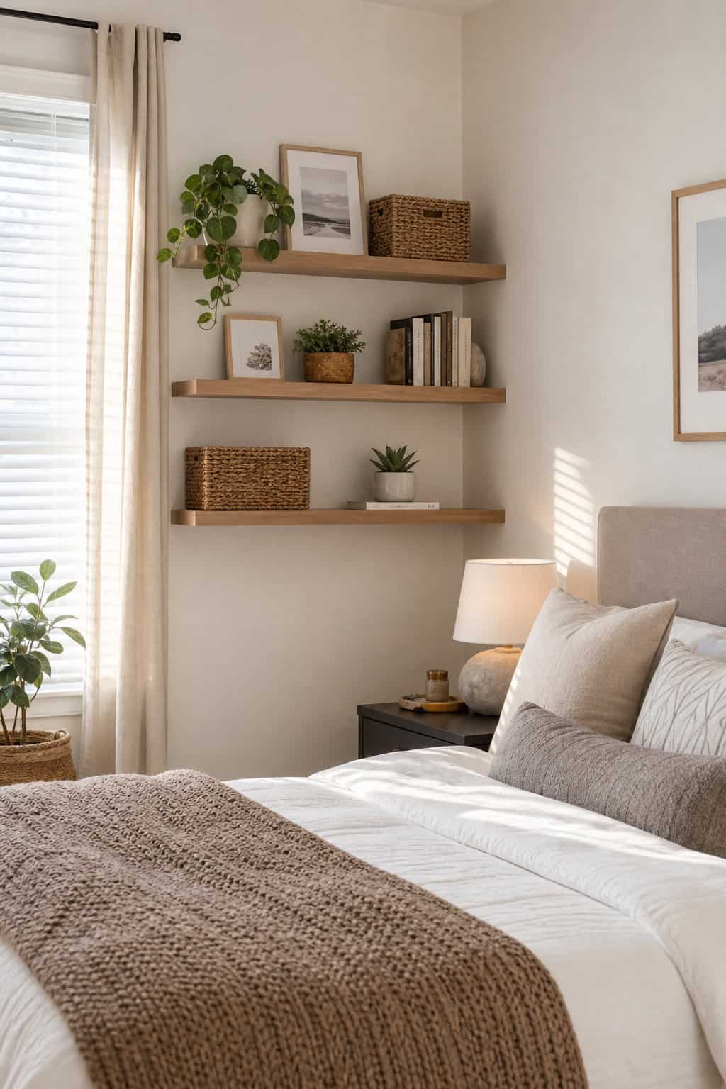 Floating Shelves Paired with Baskets for Vertical Storage