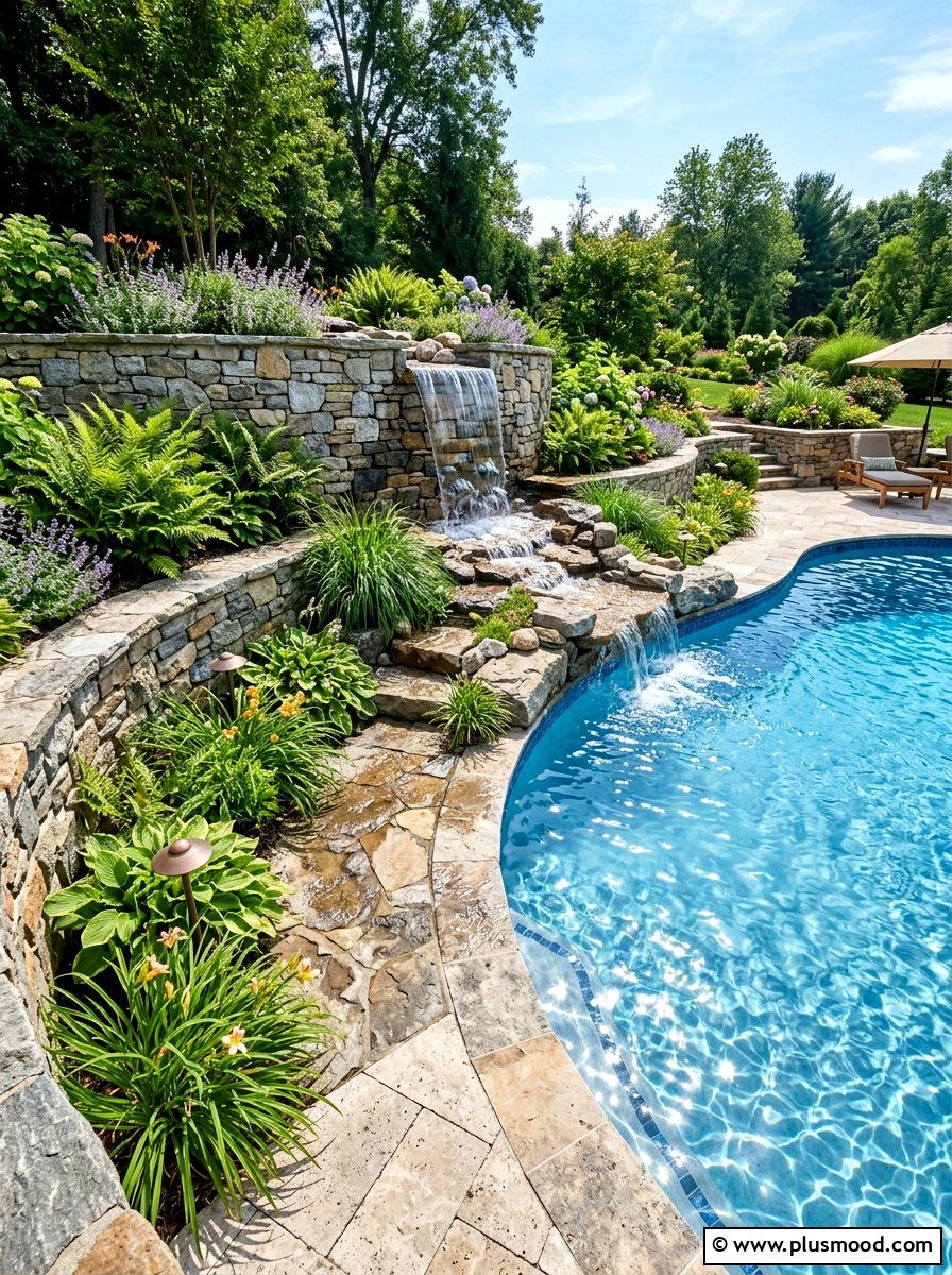 Elevated Retaining Wall Featuring a Stunning Poolside Waterfall