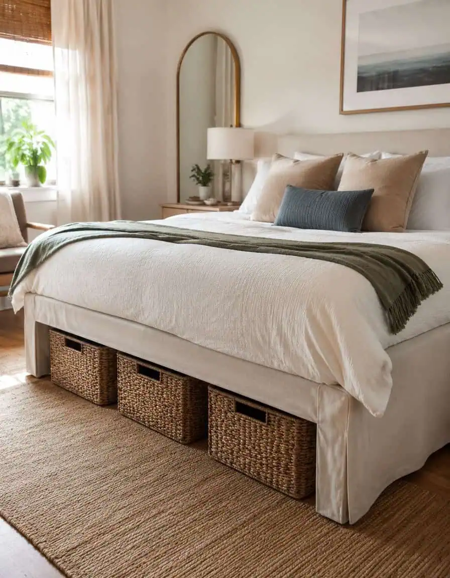 Conceal Underbed Storage with Sleek Baskets or a Clean Bed Skirt