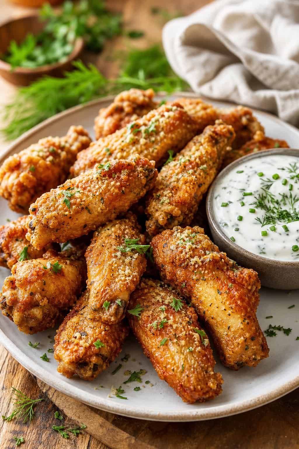 Crispy Ranch Wings with Creamy Dill & Chive Dip