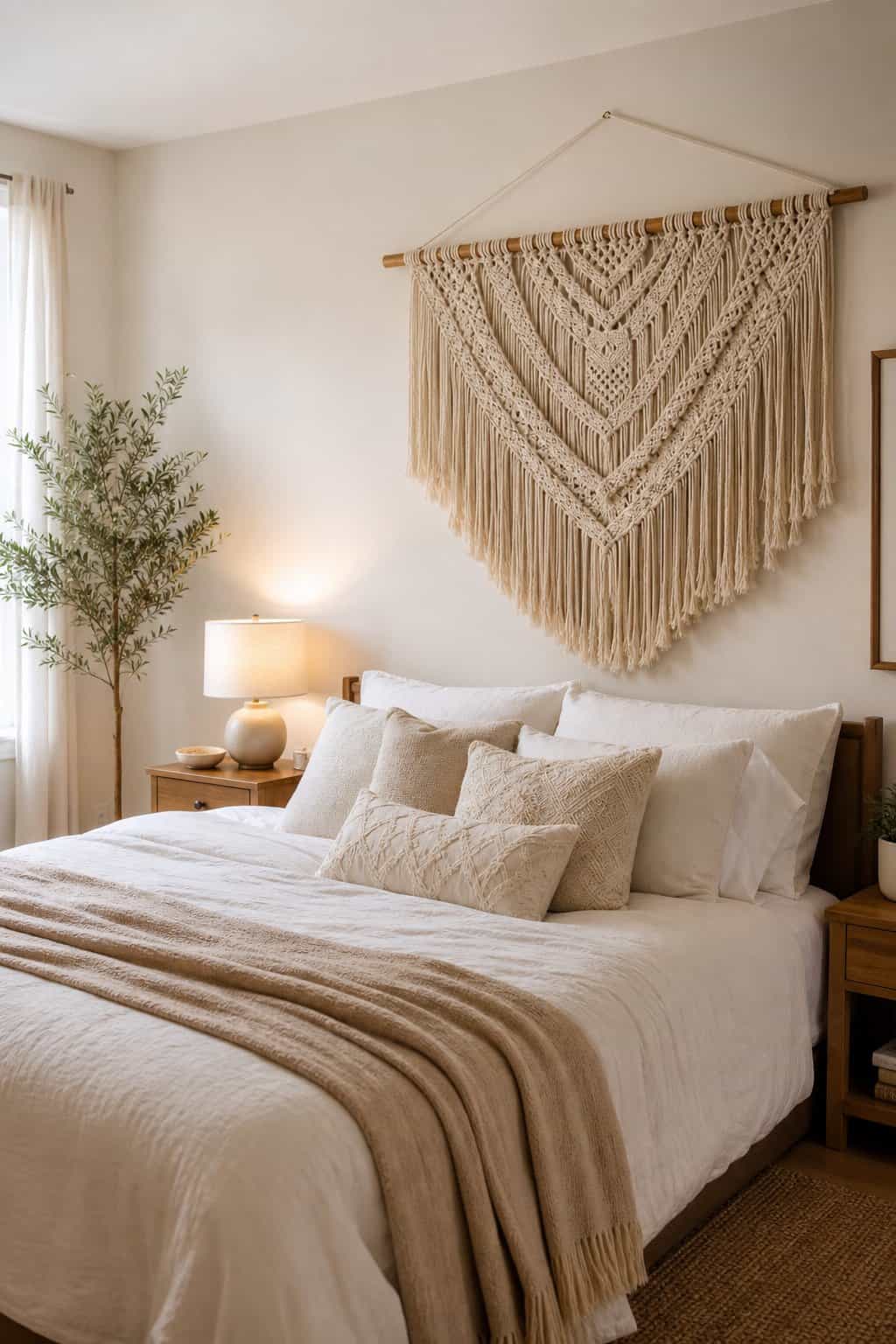 Soft Texture with Macramé Wall Hangings Above the Bed