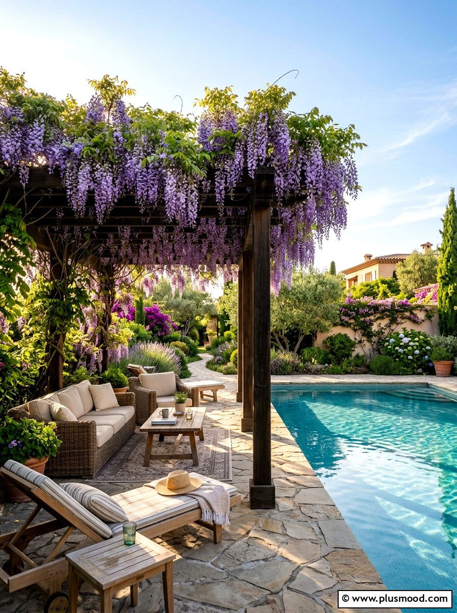 Enhance Your Pool Space with Climbing Vines on a Pergola