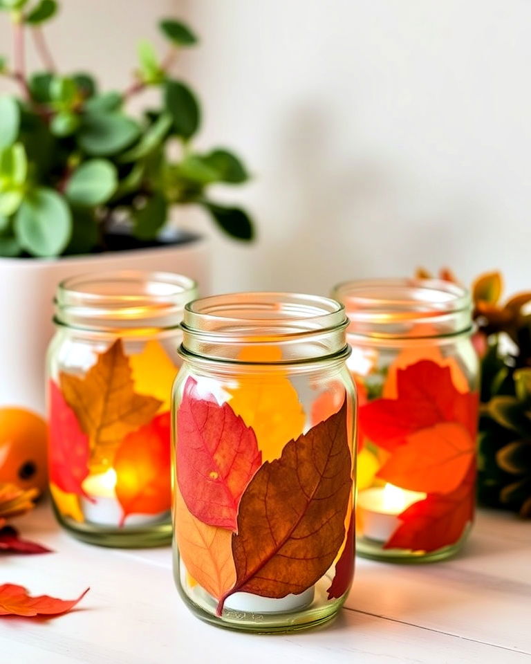 Enchanting Autumn Glow: Handmade Leaf-Adorned Mason Jar Lanterns