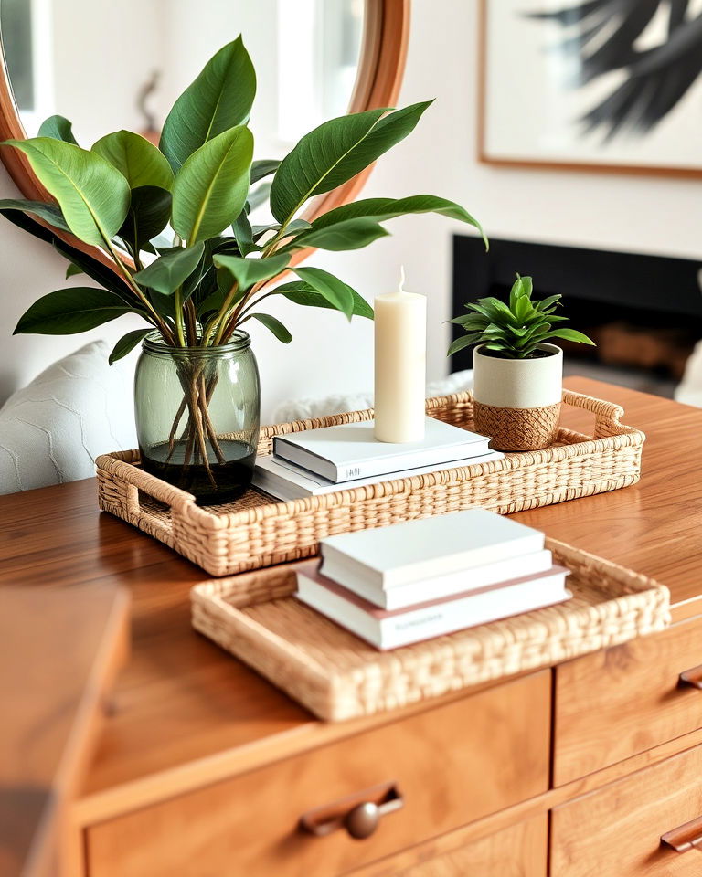 Incorporating Woven Trays for a Boho-Mid-Century Blend