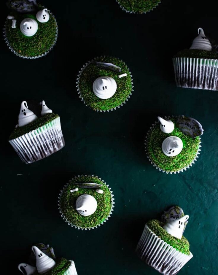 Haunted Plot Cupcakes with Puffy Meringue Spirits