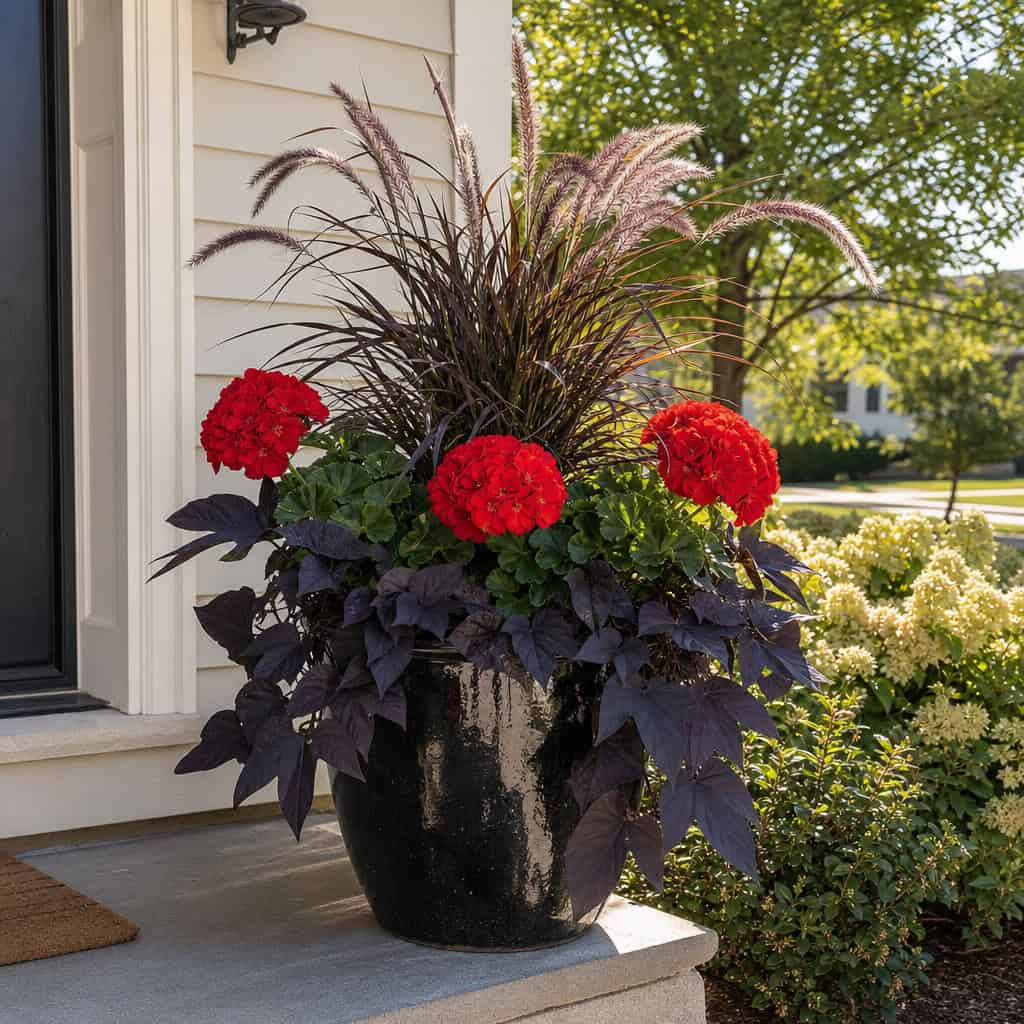 Burgundy Grass, Red Geraniums, and Sweet Potato Vine