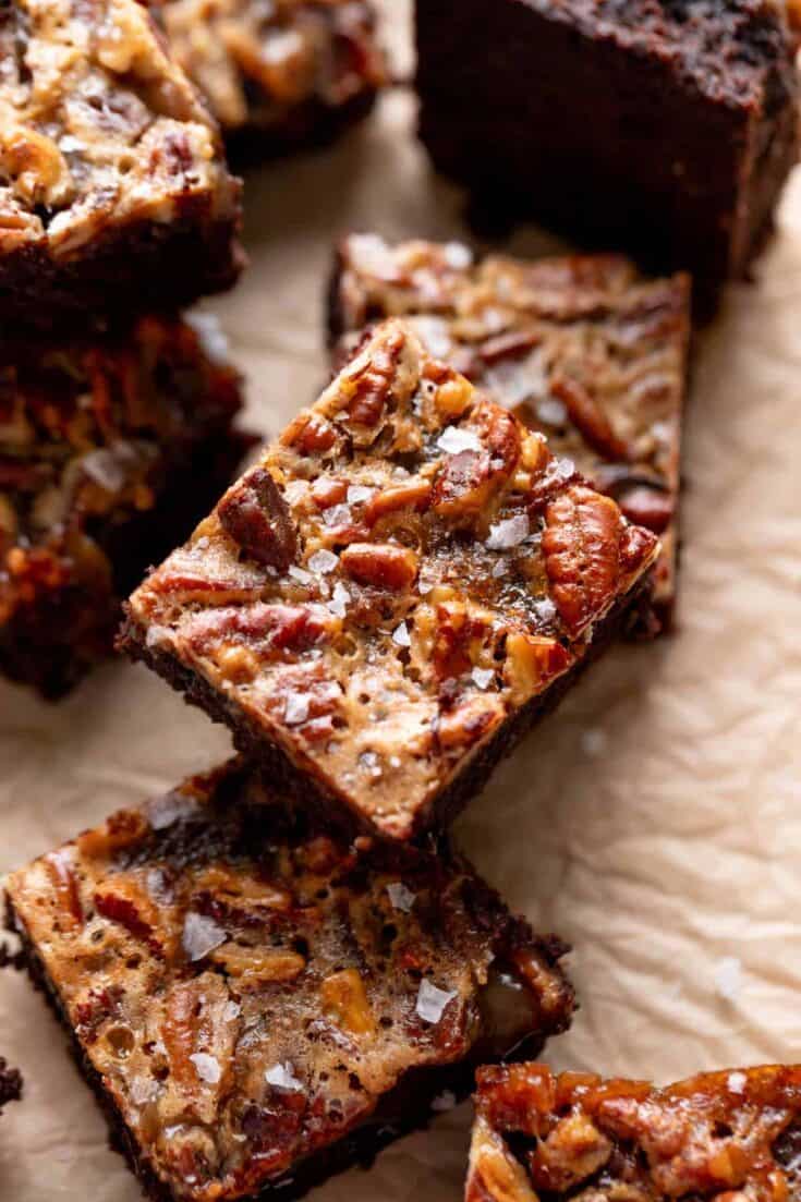Sticky Bourbon Pecan Brownie Slabs
