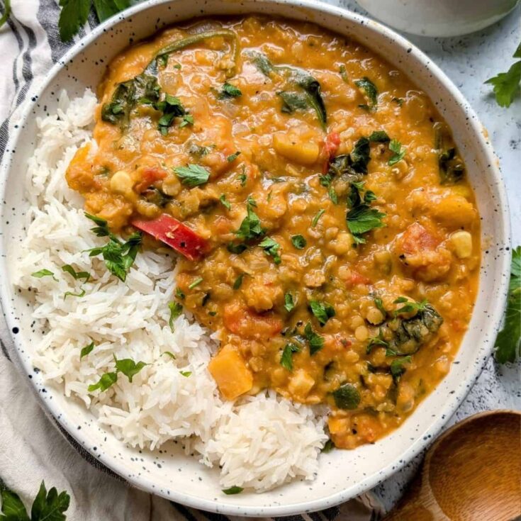 Roasted Squash & Red Lentil Stew with Coconut and Mustard Seeds