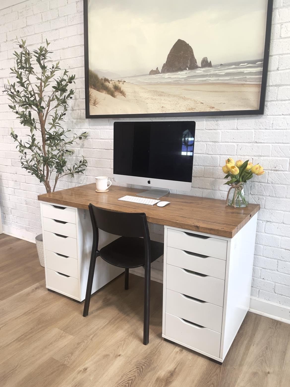 Chic Faux Wood Desktop with Streamlined Storage Solution
