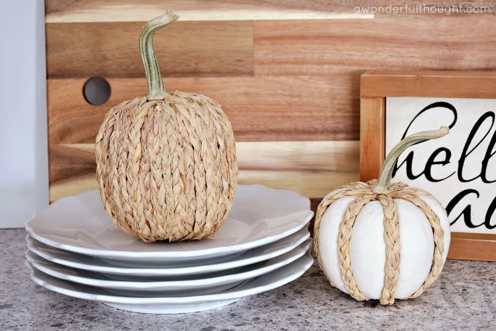 Textured Raffia-Wrapped Pumpkins for Boho Tablescapes
