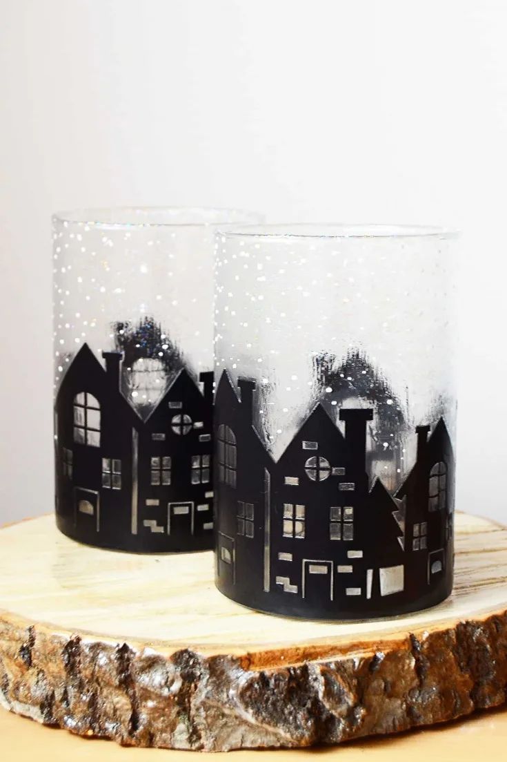 Winter Village Glass Display: Cozy Skyline