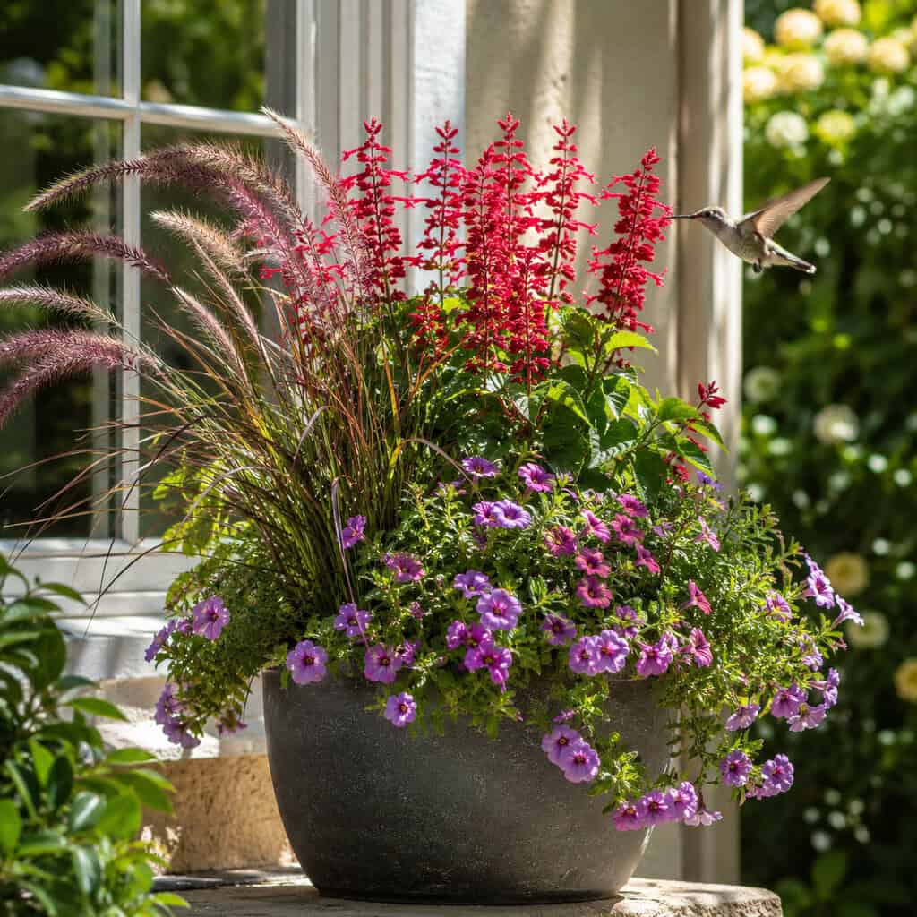 Hummingbird-Friendly Grass, Salvia, and Calibrachoa
