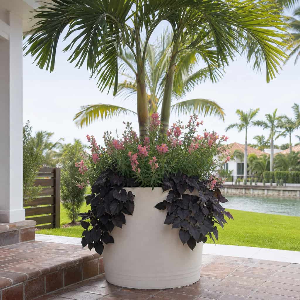 Resort Porch Planter: Majesty Palm, Trailing Snapdragon, and Sweet Potato Vine