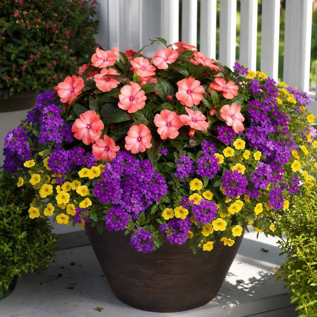 High-Contrast SunPatiens, Verbena, and Yellow Calibrachoa