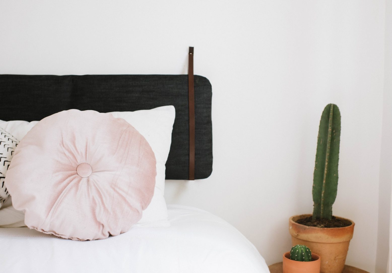 Floating Cushion Headboard with Leather Strap Detail