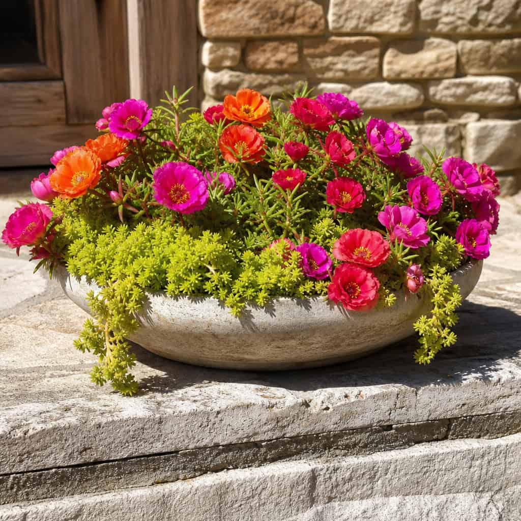 Low-Water Bowl of Moss Rose and Lemon Coral Sedum