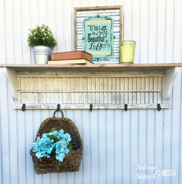 Shuttered Shelf: Rustic Wall Rack with Hooks