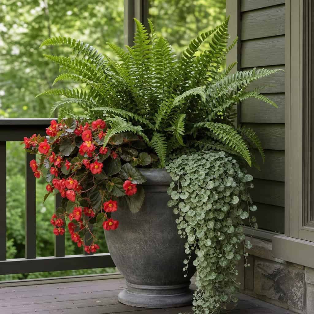 Polished Porch Shade: Kimberly Queen Fern, Begonia, and Silver Falls