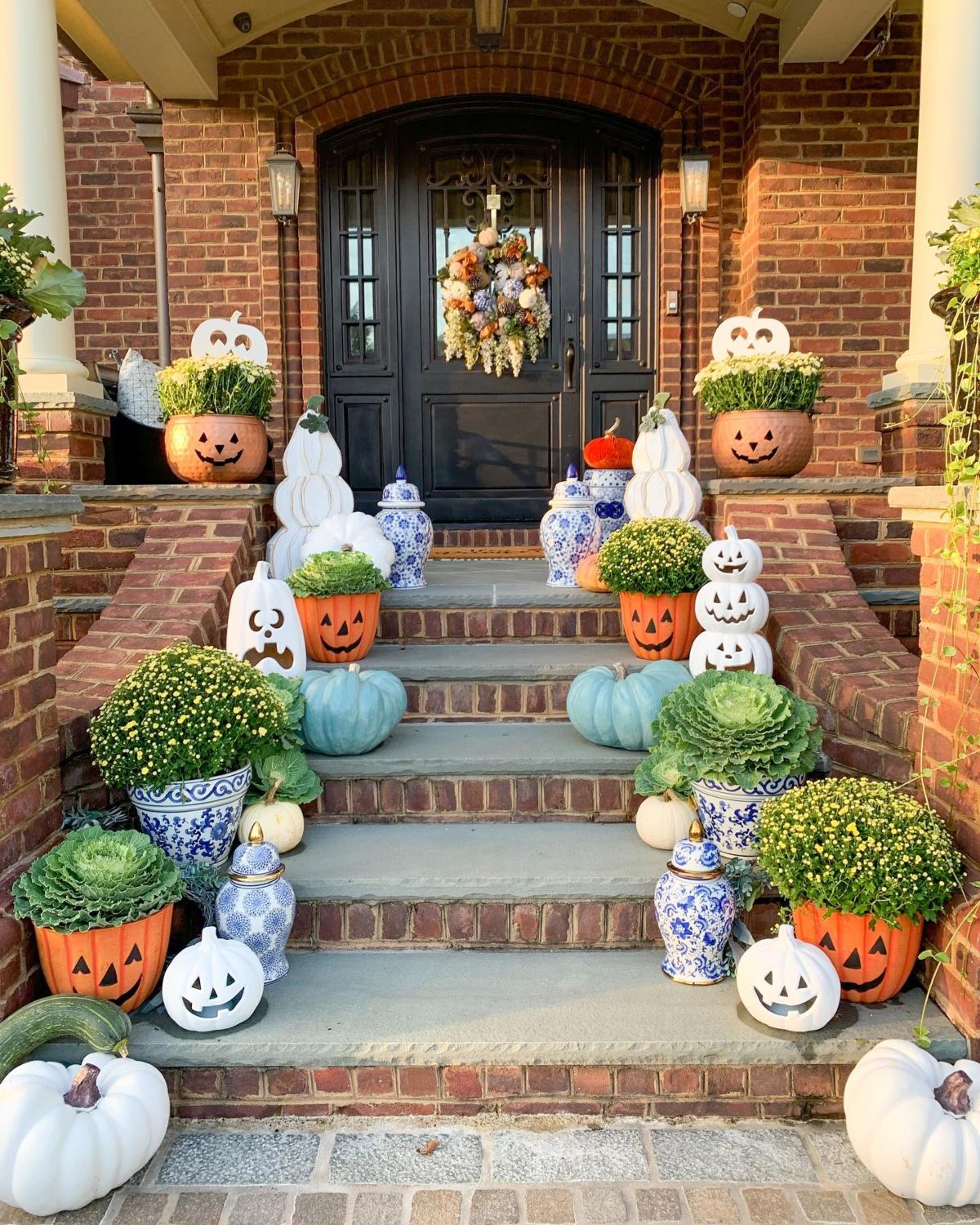 Elegant Fall Charm with Blue, White & Pumpkin Accents