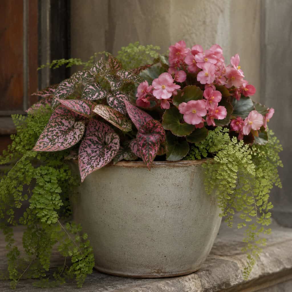 A Tonal Shade Planter with Polka Dot Plant, Begonia, and Fern
