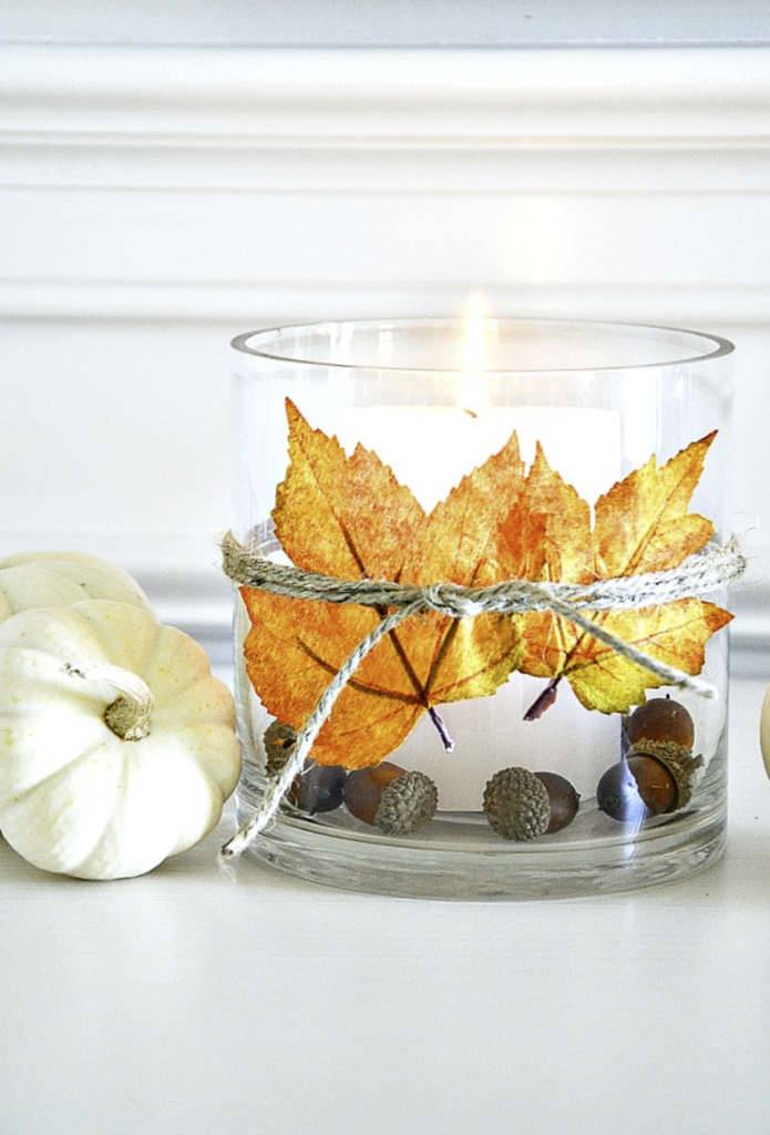 Rustic Wood, Faux Pumpkin, and Leaf Centerpiece