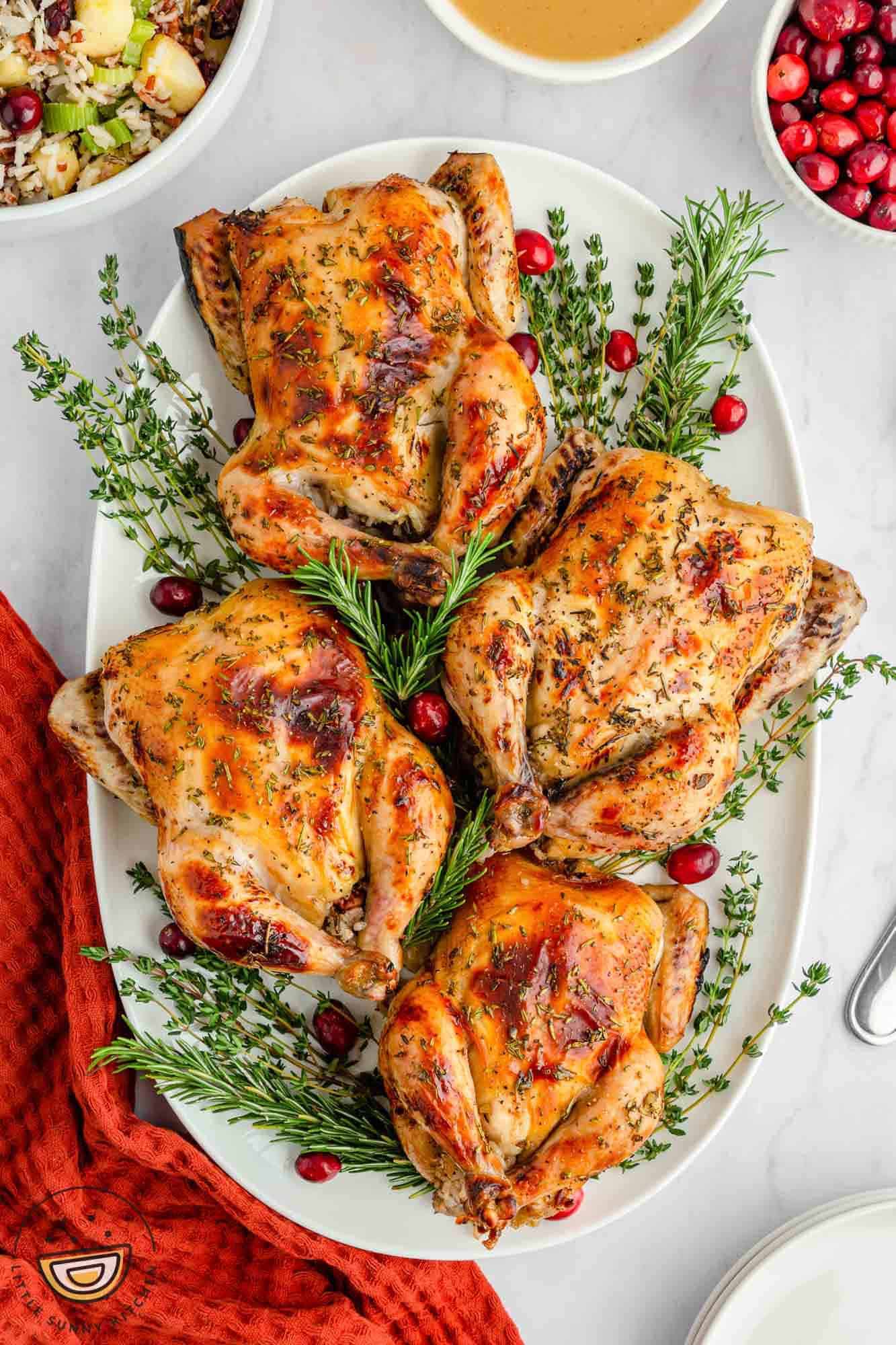 Maple-Glazed Roasted Cornish Game Hens with Herb and Wild Rice Stuffing