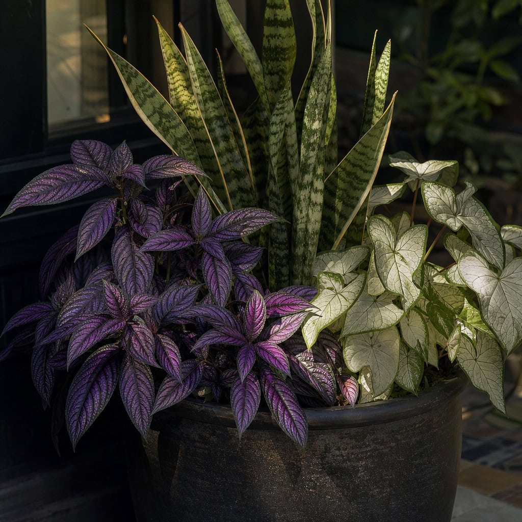 Dramatic Foliage: Persian Shield, Snake Plant, and White Caladium