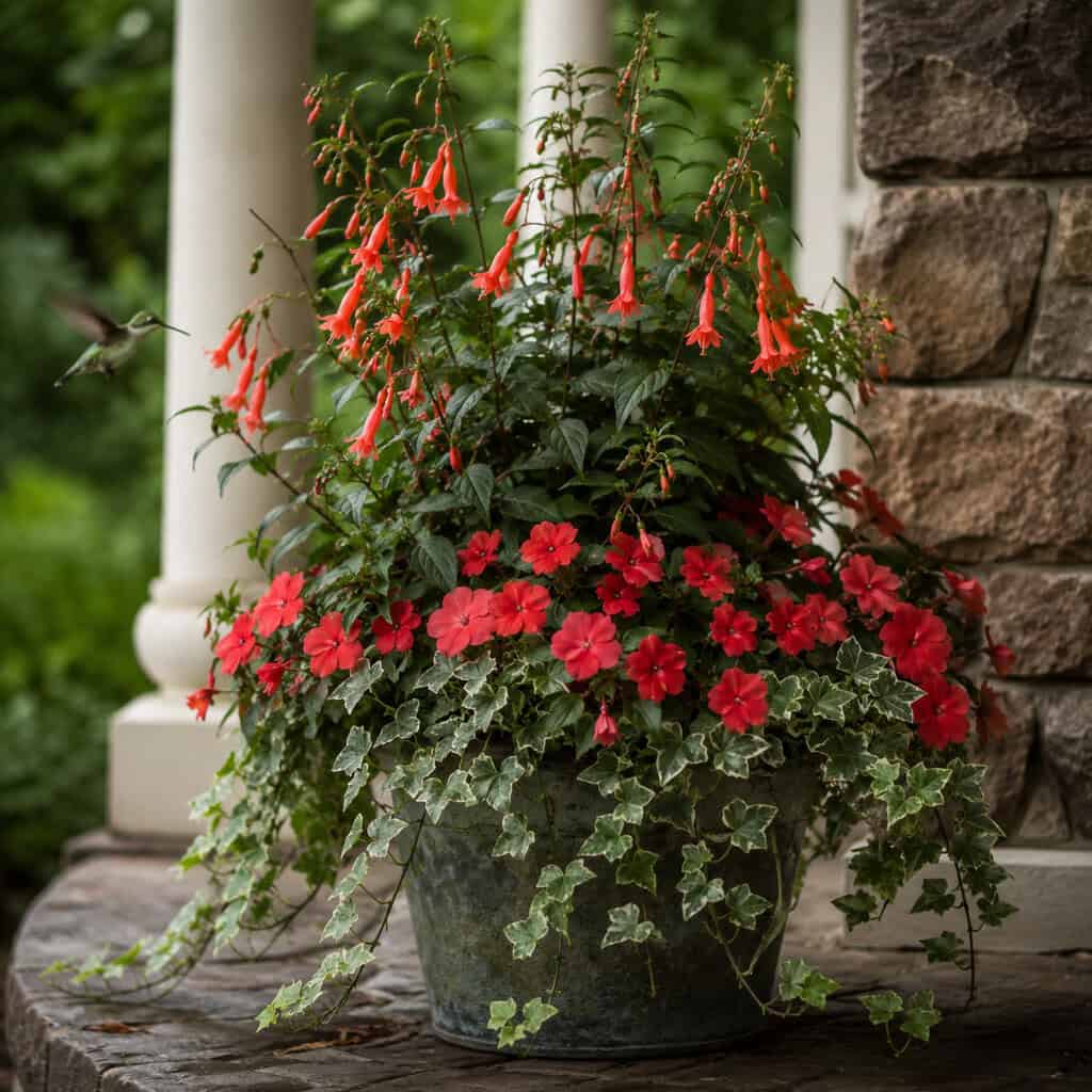 Cottage-Style Fuchsia, Impatiens, and English Ivy