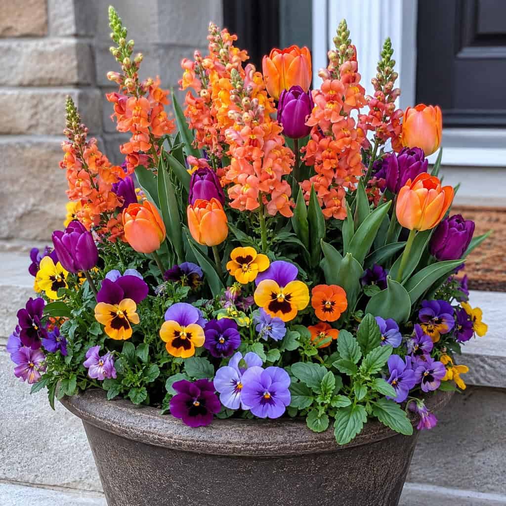 Layered Spring Color with Tulips, Snapdragons, and Pansies