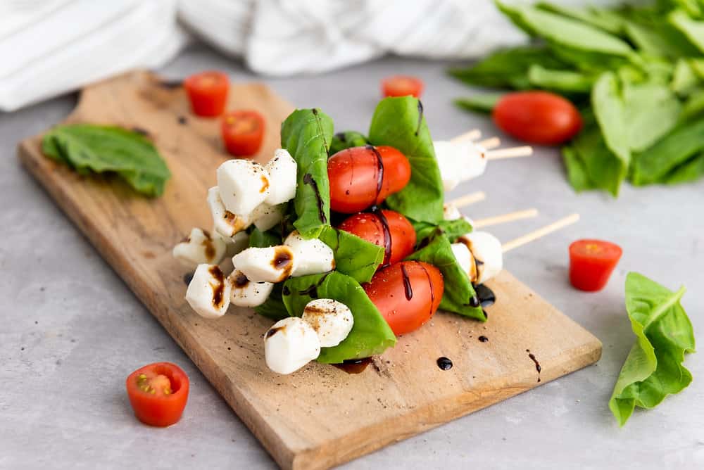 Pesto-Pearl Garden Skewers with Honey-Balsamic Glaze