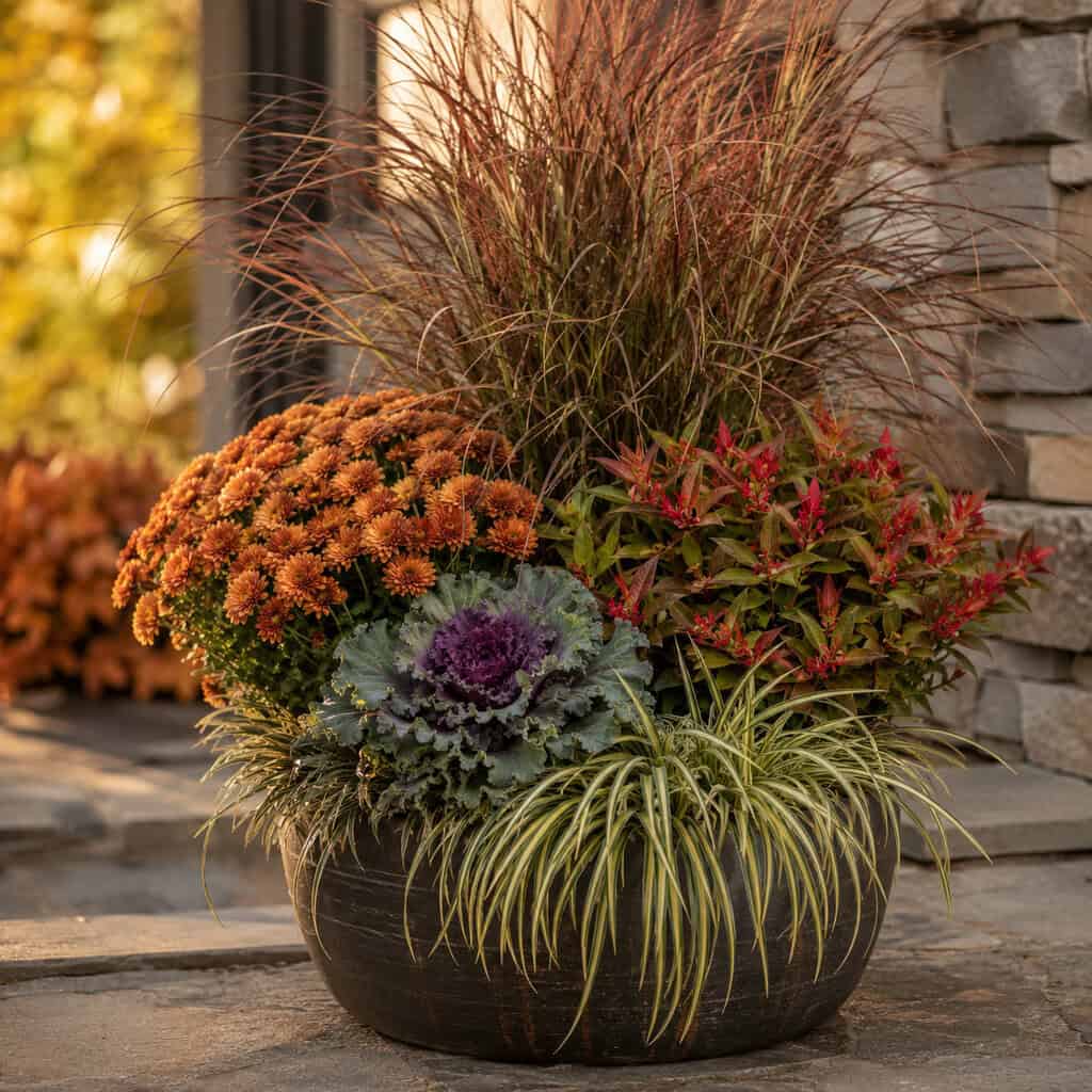 Five-Plant Fall Layering with Switchgrass, Mum, Euphorbia, Kale, and Liriope