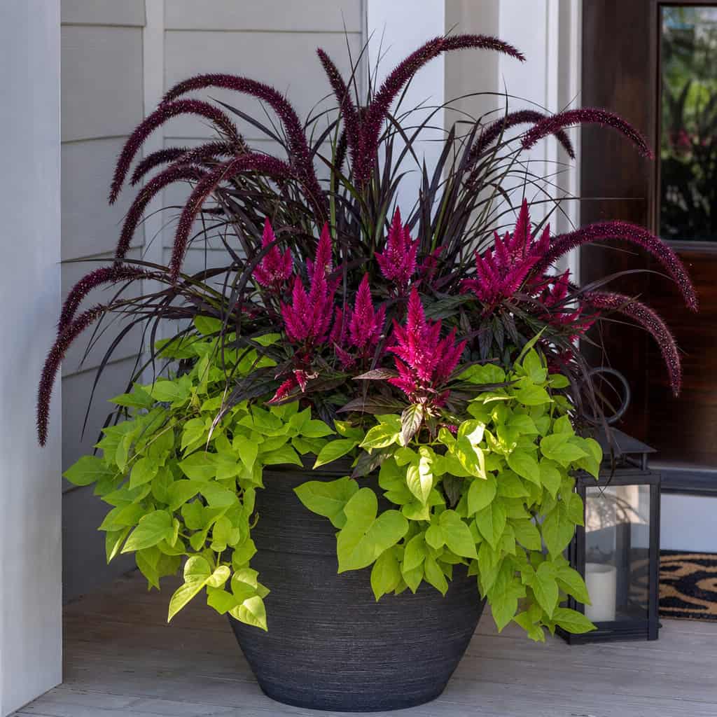 A Nontraditional Fall Pot with Ornamental Millet, Celosia, and Sweet Potato Vine