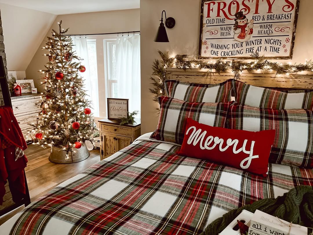 Pair Plaid Bedding with Pine Garland