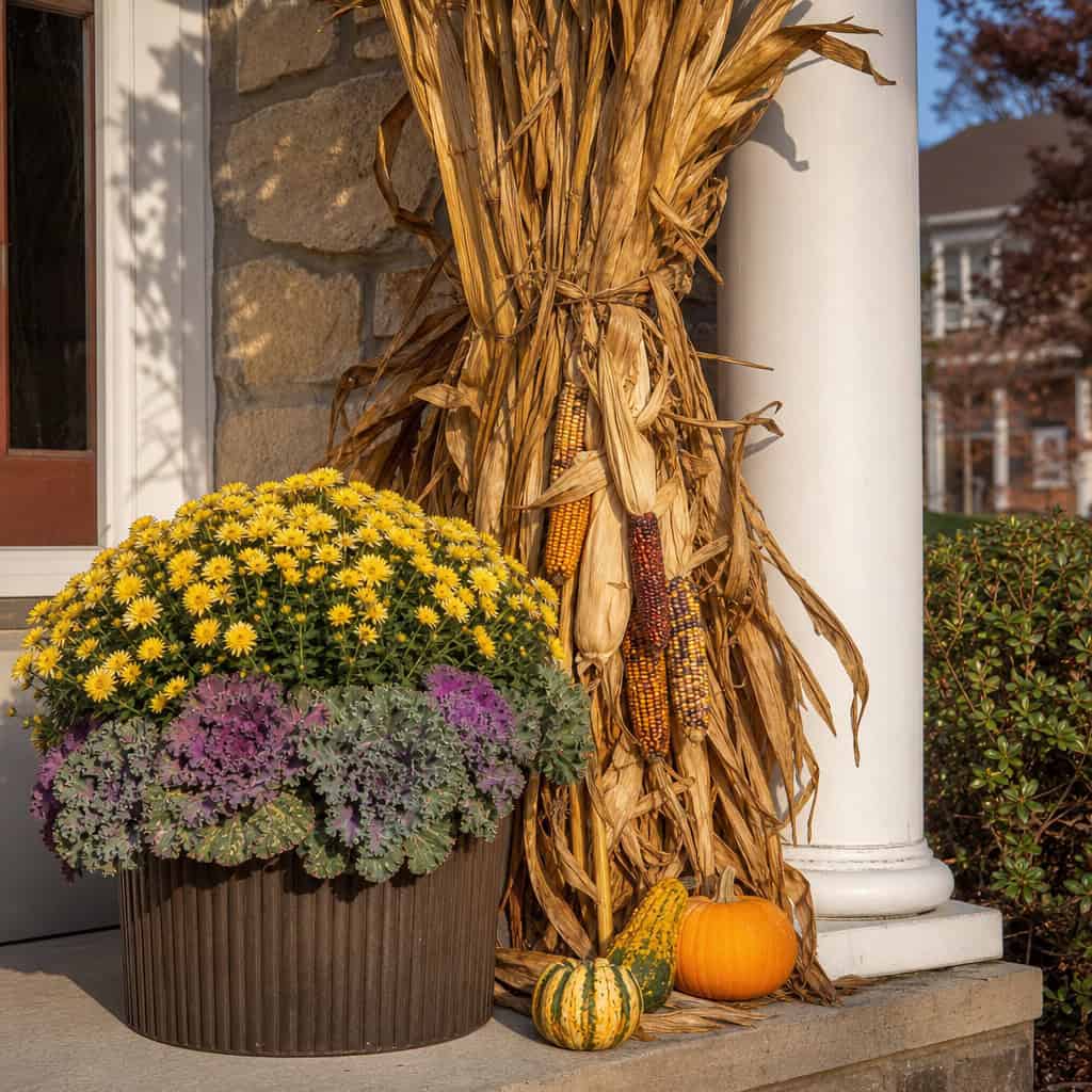Harvest Porch Finish with Cornstalks, Yellow Mums, and Kale