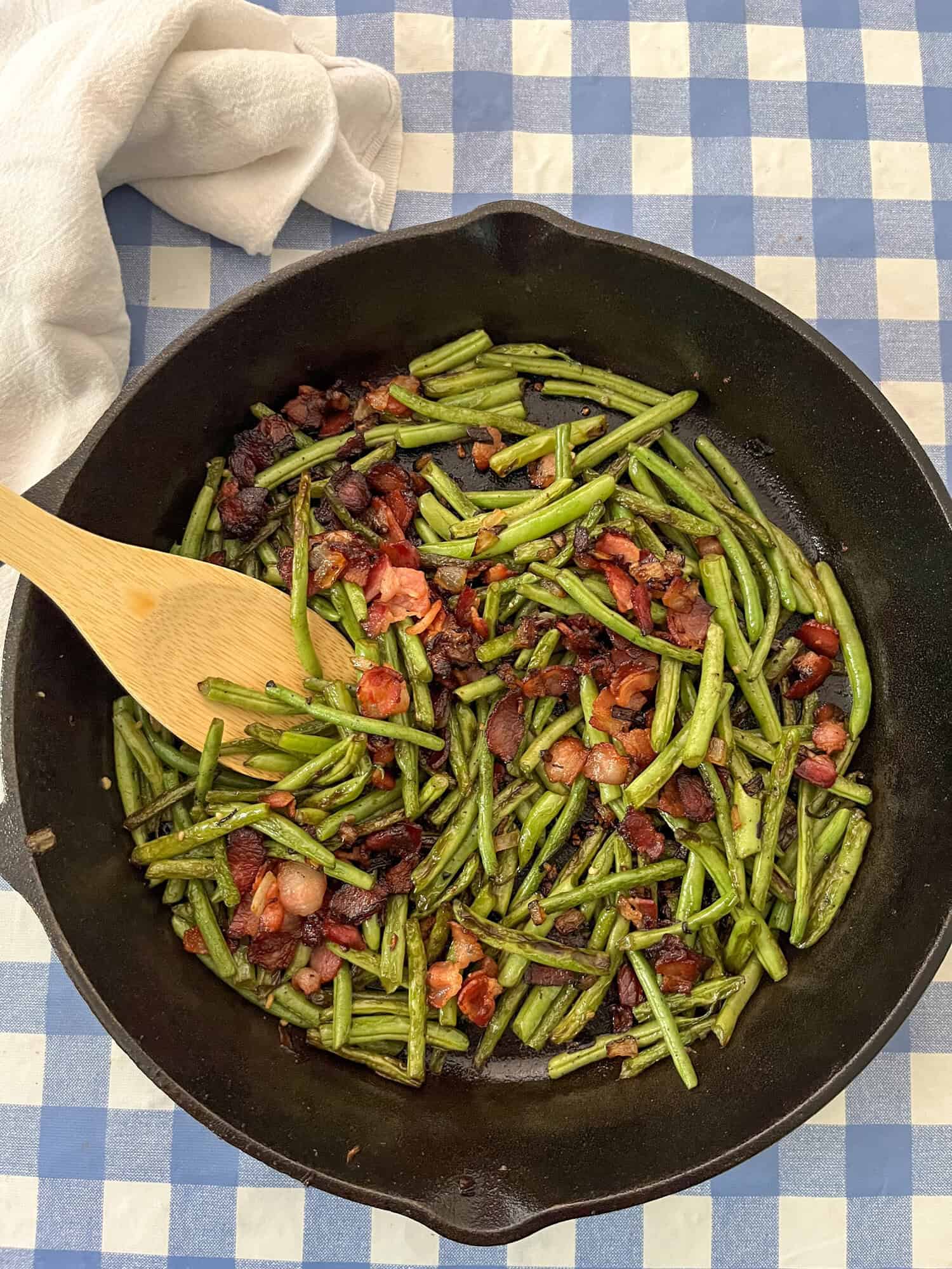 Skillet Green Beans with Caramelized Onion & Crispy Bacon