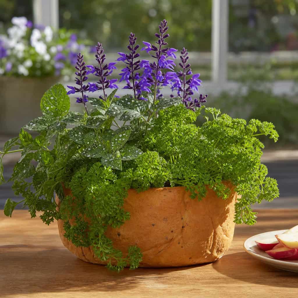 An Edible Accent: Salvia, Polka Dot Plant, and Curly Parsley