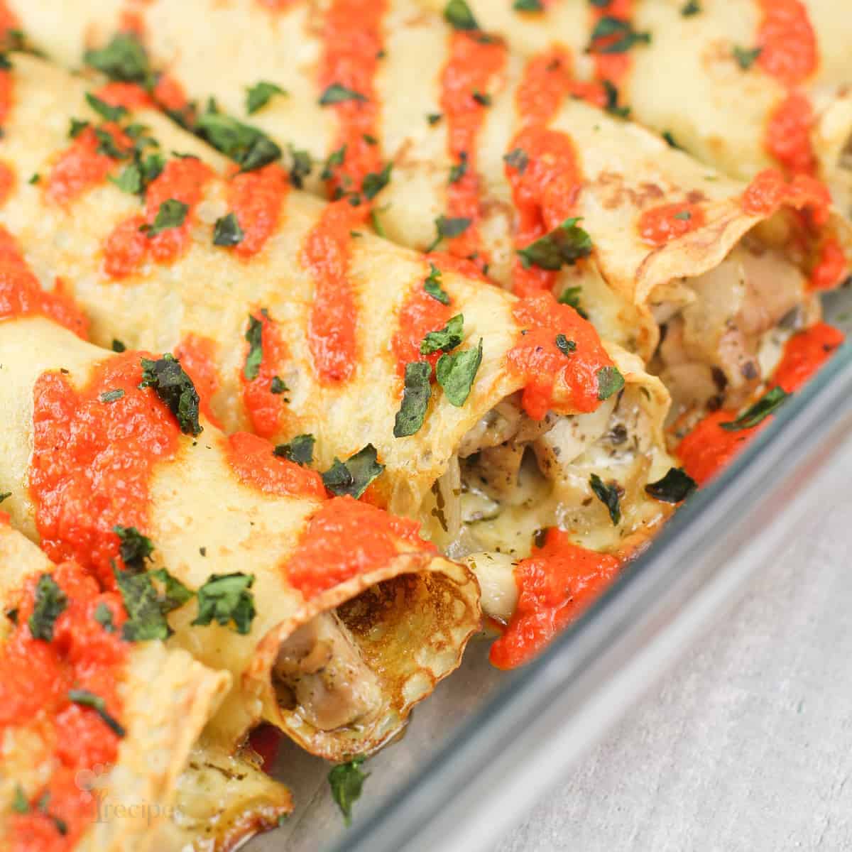 Savory Herb Chicken Crepes with Fire-Roasted Pepper Sauce