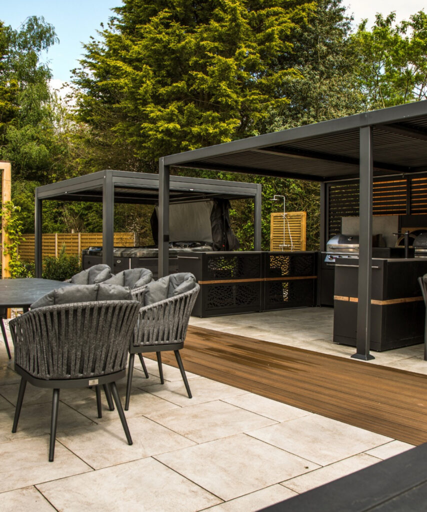 Separate Cooking, Dining, and Lounging Under Twin Pergolas