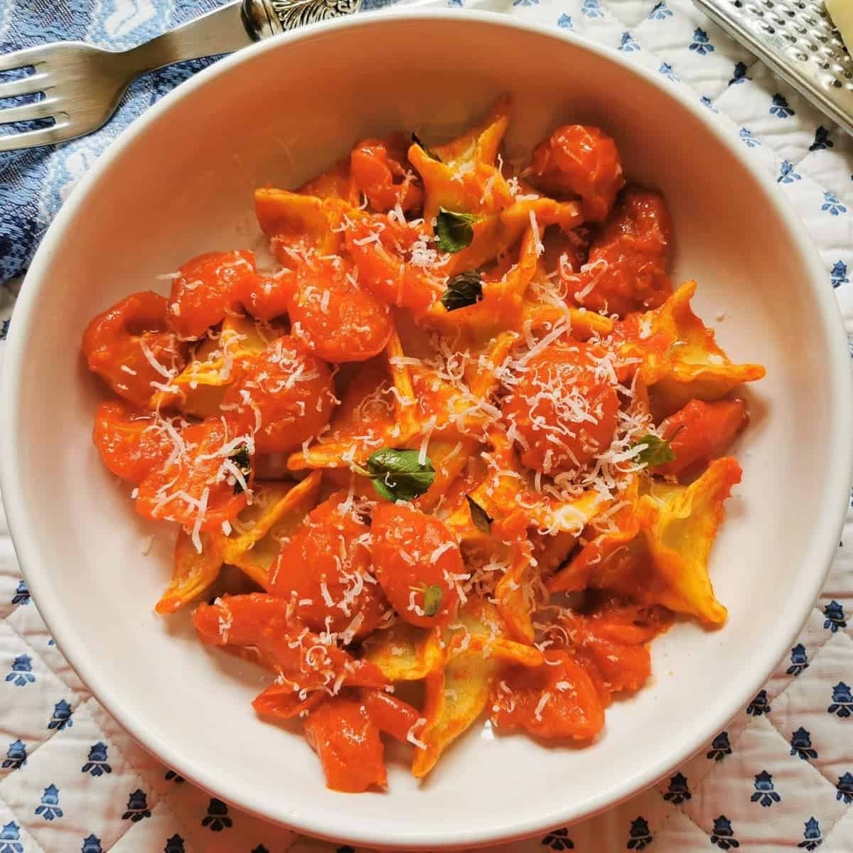 Roasted Eggplant and Mozzarella Stuffed Pasta Parcels in Garlic Tomato Sauce